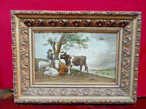 Quadro su porcellana metà 1800 rappresentante mucche e paesaggio firmato
